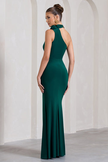 In Suspense Bottle Green One Shoulder Halter-Neck Split Maxi Dress With Flower